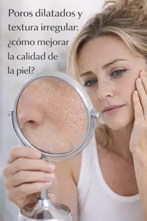 Mujer mirando en un espejo de aumento poros dilatados y textura irregular de la piel